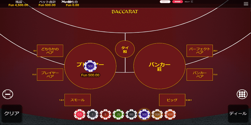 10パーセント法の使い方手順2のバカラで設定した資金の10%を賭ける画面