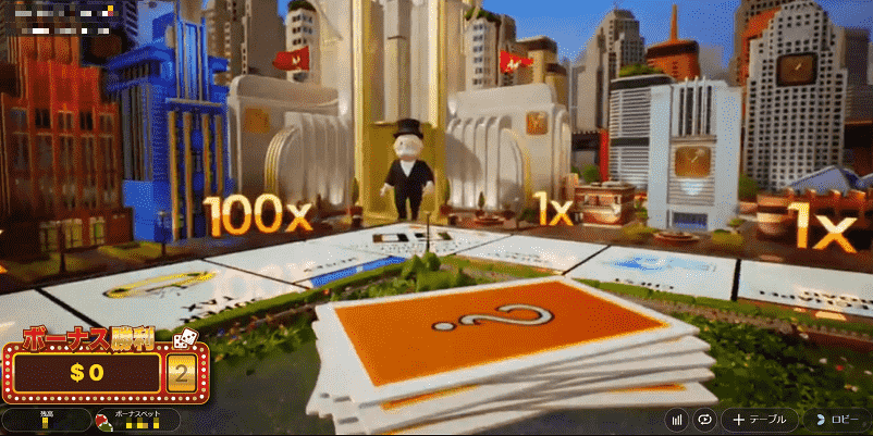 モノポリーライブのボーナスゲームに突入した画面