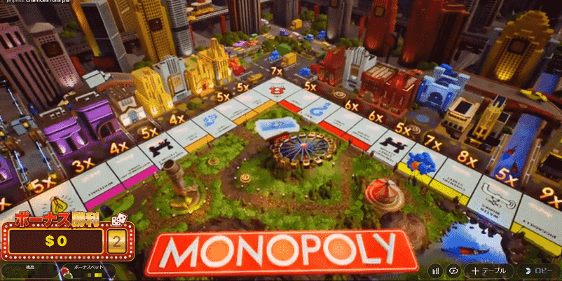 モノポリーライブのボーナスゲームでマス目に倍率の数字が記載されている画像