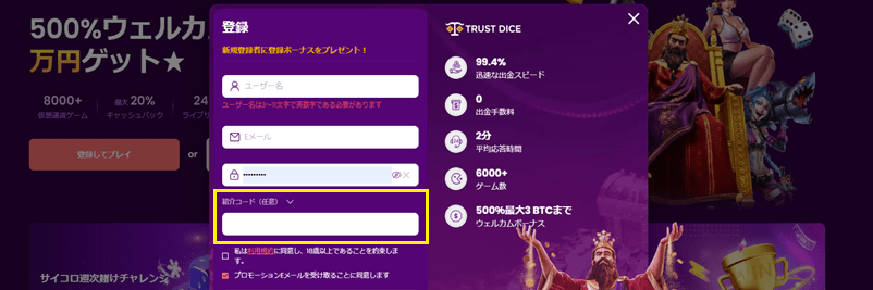 入金不要ボーナスのコードの入れ方