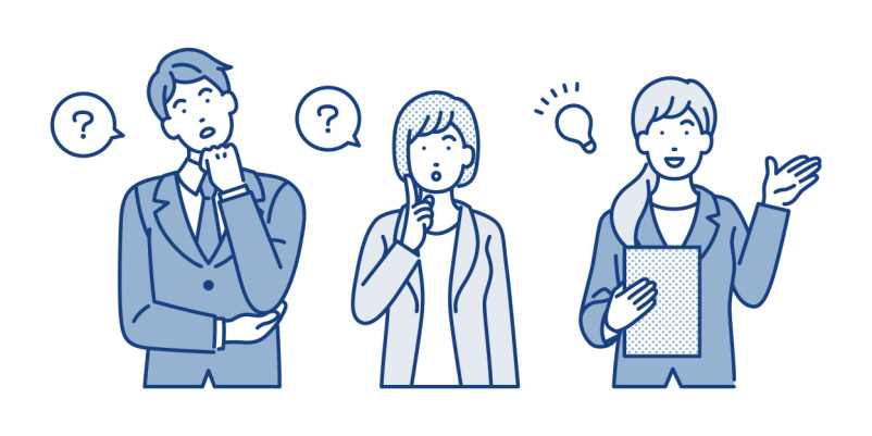 スーツの男女が考えたりひらめいている画像