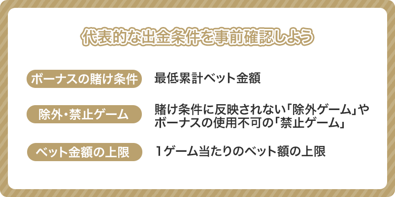 オンラインカジノの代表的なボーナスの出金条件をまとめた画像