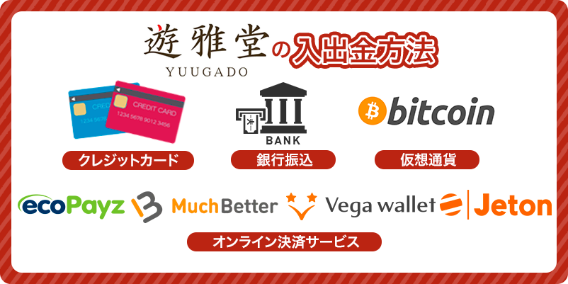 遊雅堂の入出金に使える決済方法のロゴを並べた画像