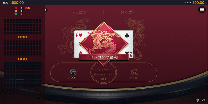 ドラゴンタイガーの配当獲得画面