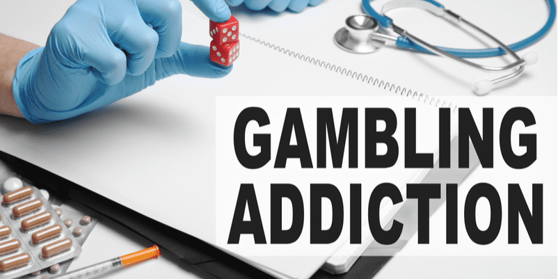 サイコロを持ったと「GAMBLING ADDICTION」の文字