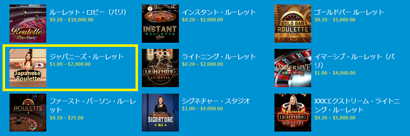 各ゲームの最低賭け金と上限賭け金（ベットリミット）の表示画面
