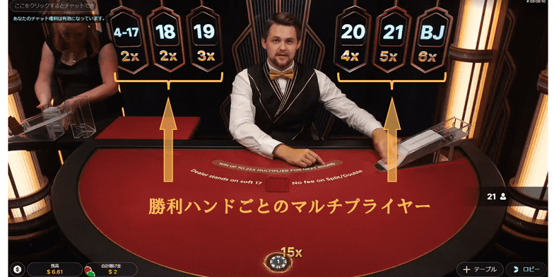 ライトニングブラックジャックでマルチプライヤーが確定した次ゲームでマルチプライヤーが公開された画面