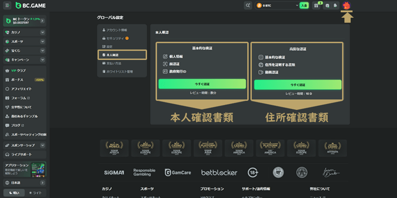 BCゲームのKYC画面