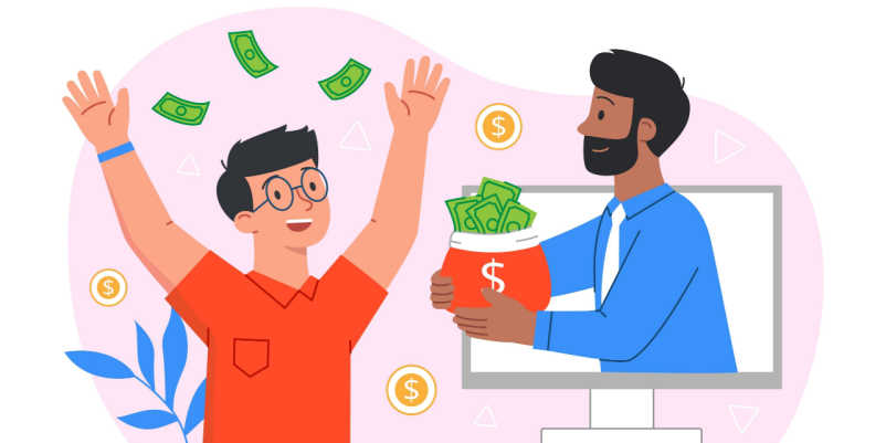 画面の中の人からお金を受け取って喜んでいる画像