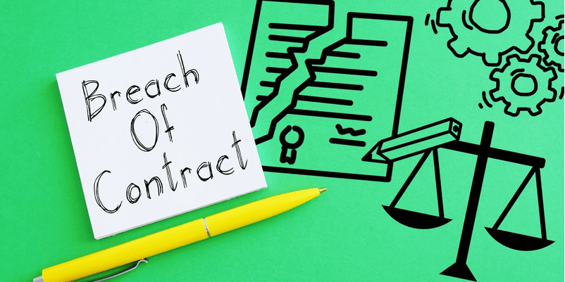 破れた紙とペンのイラストの上に「breach of contract」という文字の画像