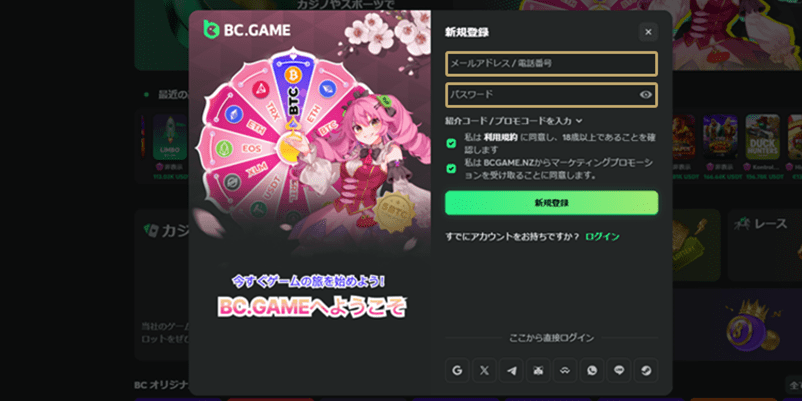 BC.GAMEアカウント情報入力画面